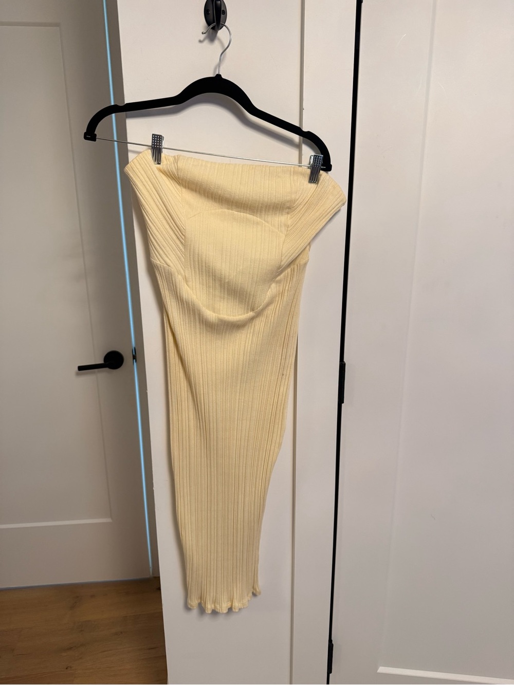 ASOS Ribbed Strapless Midi dress in Pale Yellow
